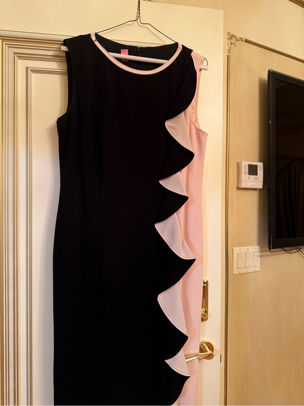 Basler Black and Pale Pink Sleeveless Midi Dress with Asymmetric Ruffle